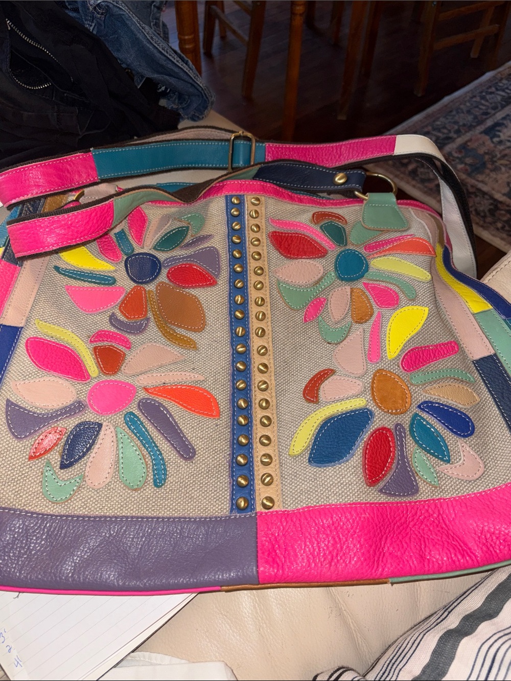Just Millie Leather Floral Appliqué Tote Bag with Stud Detailing